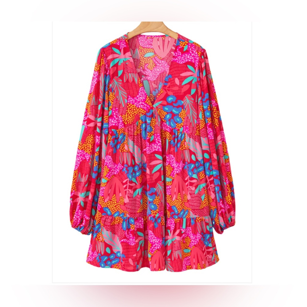Rose Tropical Print Lantern Sleeve V Neck Ruffle Mini Dress Women’s Sz 4x NWT